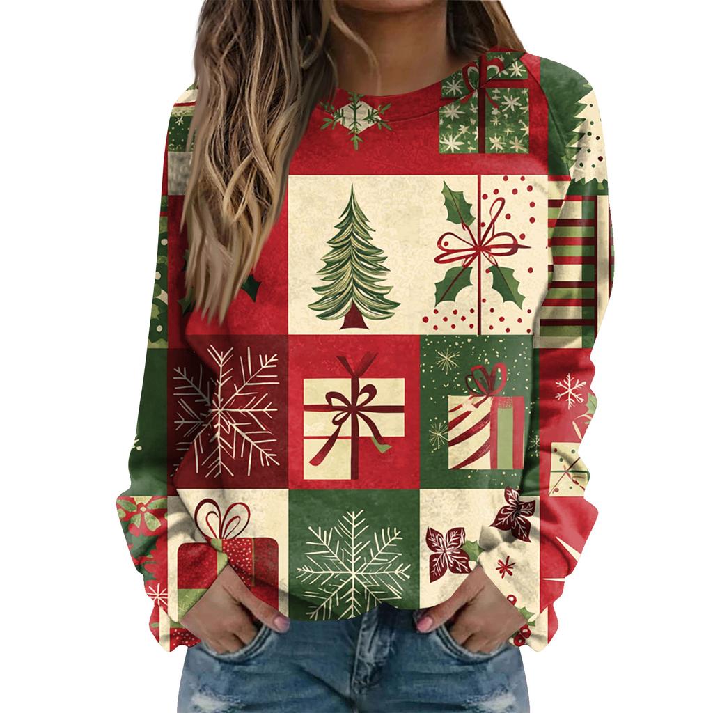 Women's Fashion Casual Long Sleeve Christmas Printed Neck Sweatshirt Top