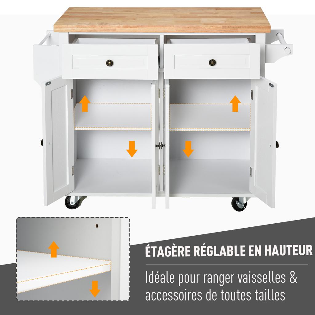 Kitchen Island Trolley Multi-Storage 2 Drawers 2 Cupboards 2 Doors with Shelf Bottle Rack Towel Rack and Adjustable Shelf MDF White Rubberwood