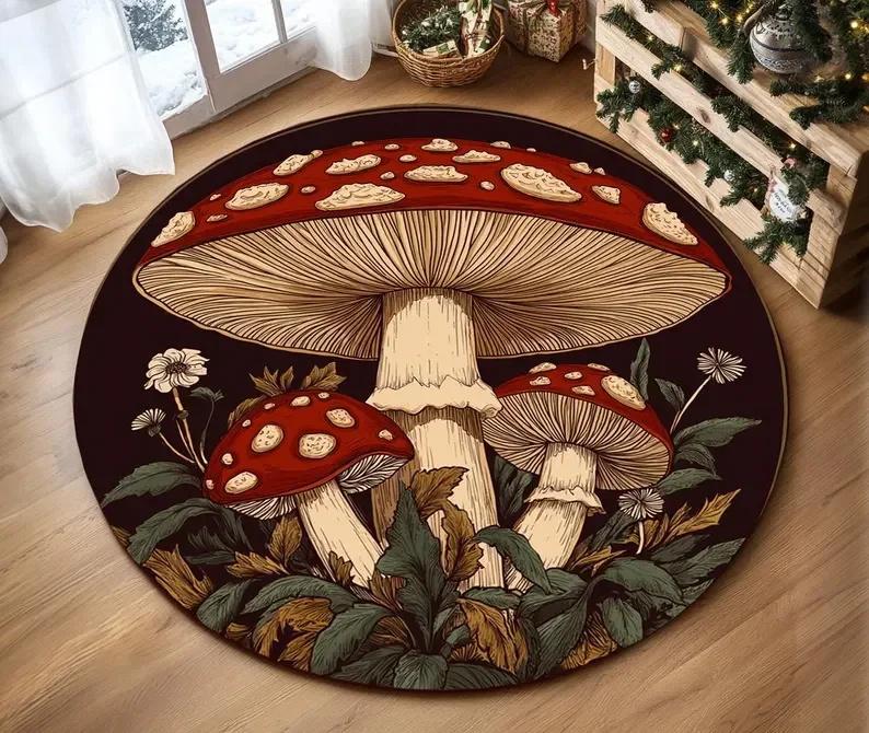 

Mushroom Pattern Circle Carpet Utility Round Rug for Living Room Bedroom Deco Kitchen Under Table Floor Mat Non Slip Vintage Rug 60cm