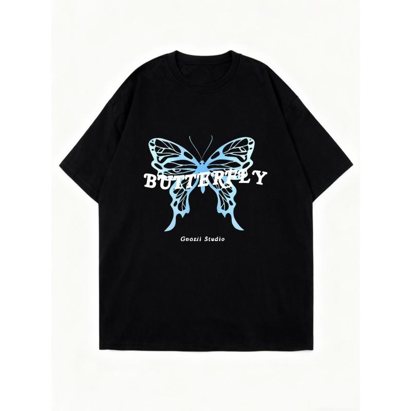 Butterfly Print Oversized T Shirt Black Blue Butterfly And Text Design Casual Wear For Women Summer Outfit Streetwear Fashion Trendy Top