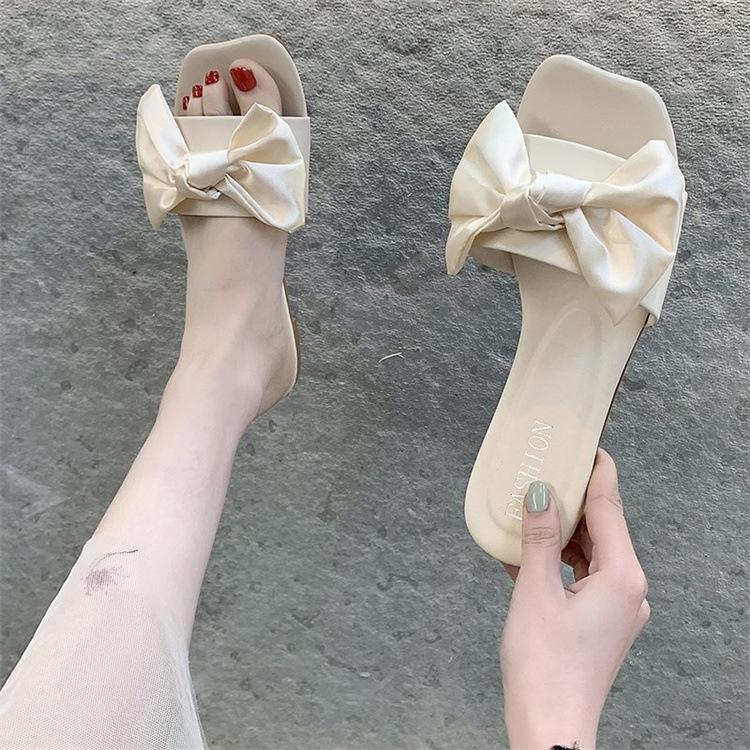2025 summer new fashion casual slippers women's outer wear square head bow flat bottom one-word drag