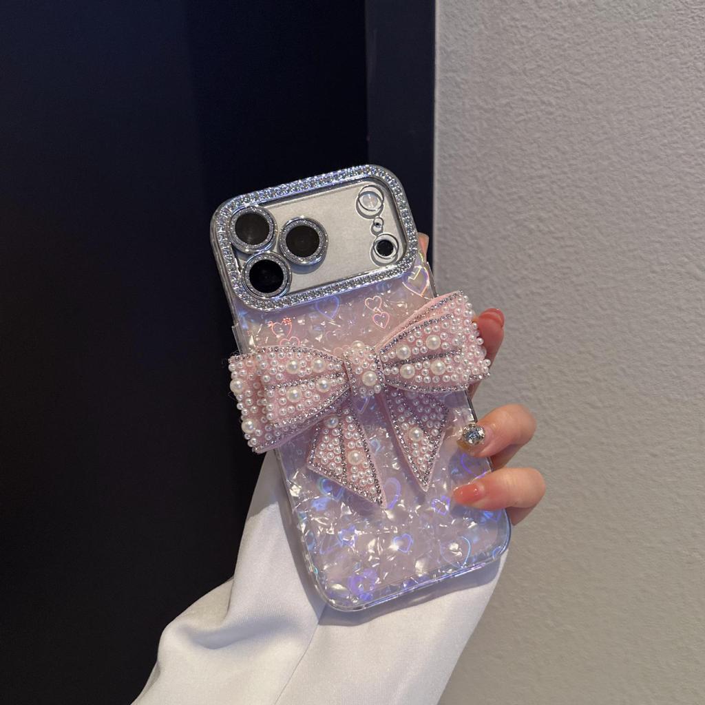 Porous Love Shell Pattern Phone Case for Apple 17PROMAX/15, Material 11/14, with Bow Accessory.