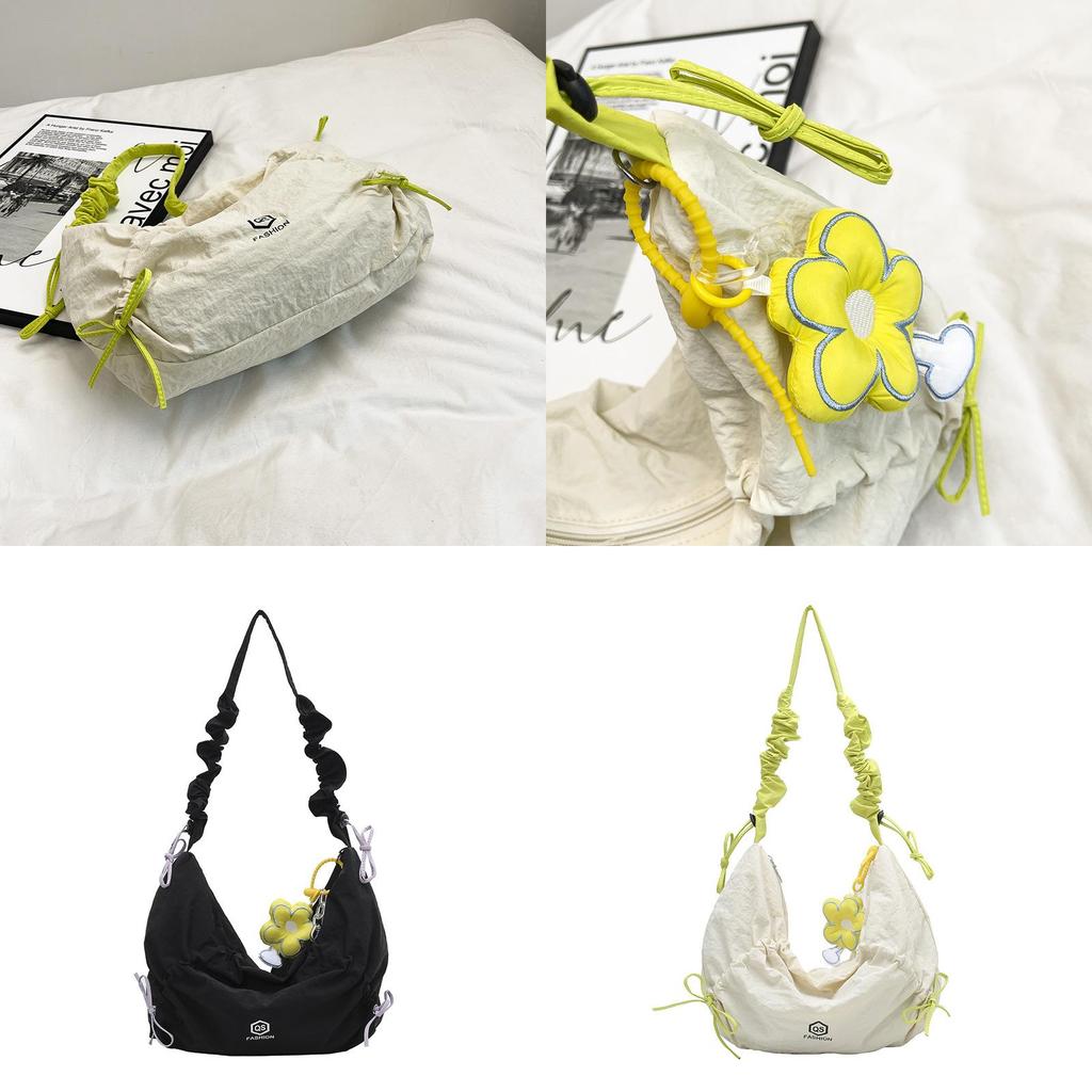 Nylon Zipper Closure Duffle Bag For Women With Wrinkled Shoulder Straps And Letter Prints
