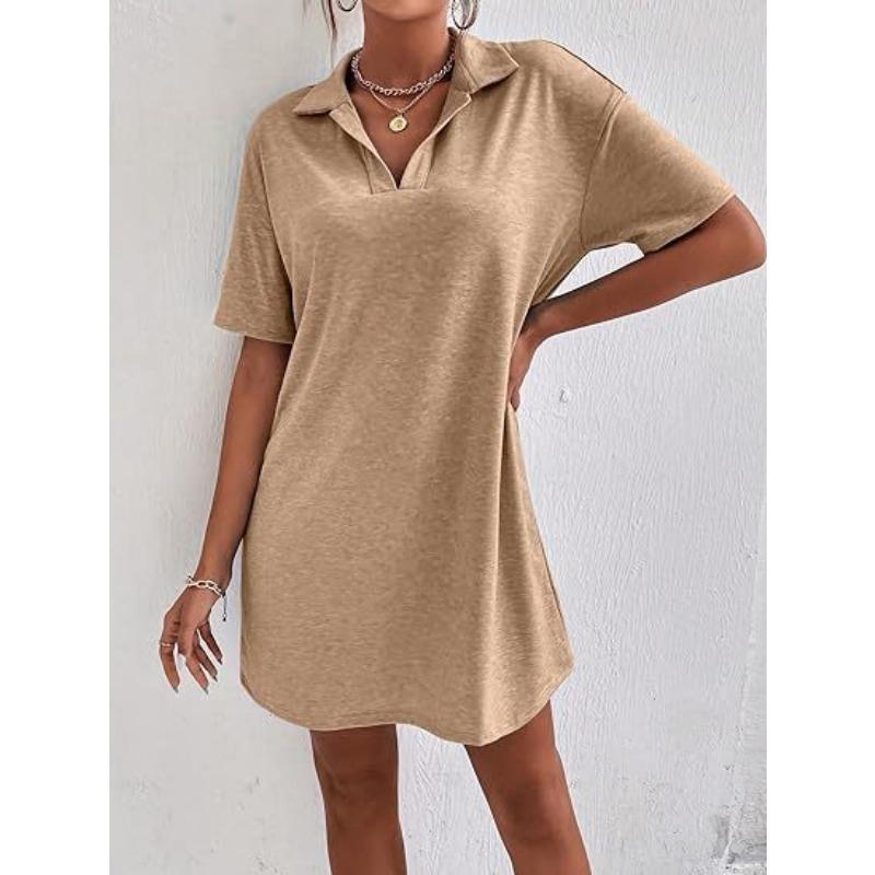YYFS Women's Fashion Summer Spring Solid Color Print Short Sleeve POLO Neck Loose Waistline Casual Dresses