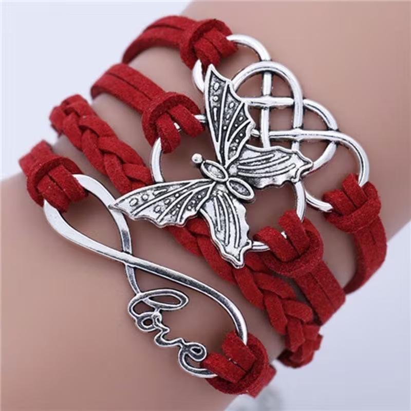 Unisex Retro Multicolor Butterfly Leather Infinity Bracelet