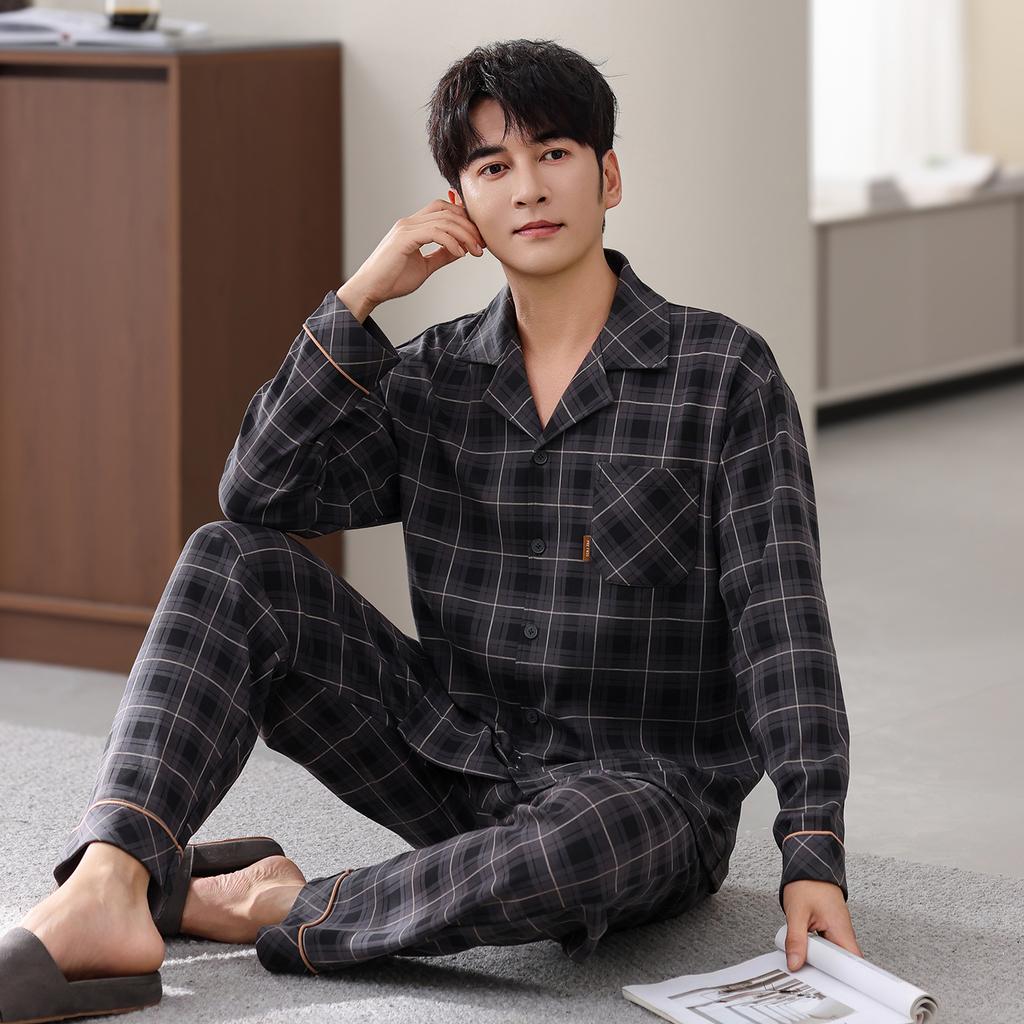 Pure Cotton Pajamas Men'S Spring And Autumn Long-Sleeved Trousers Set Autumn And Winter Thin Large-Size Cardigan Loungewear