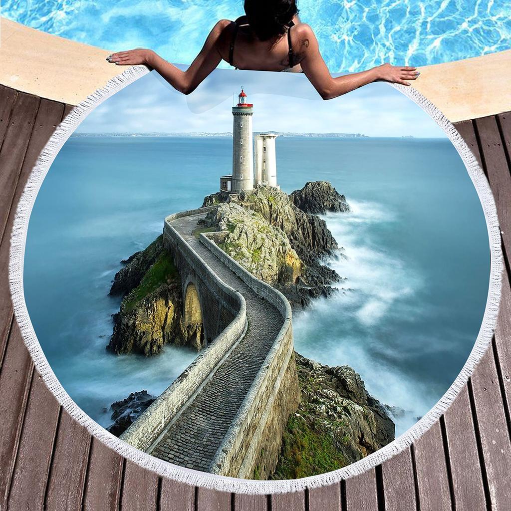 Lonely Lighthouse Printed Round Beach Towel,Polyester Sand Resistant Beach Blanket,Absorbent Quick Dry Pool Towel Picnic Mat
