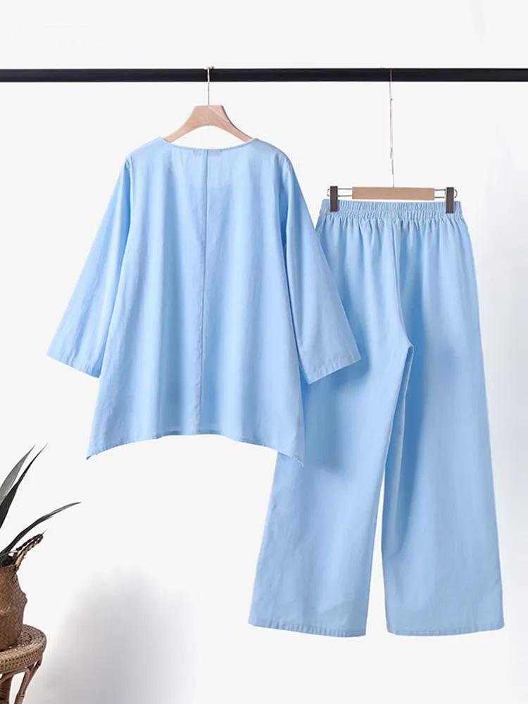 2023 Chinese Style Plus Size Women's Retro Pants Set: Solid Color Cotton Linen Casual Long Sleeve Loose Fit