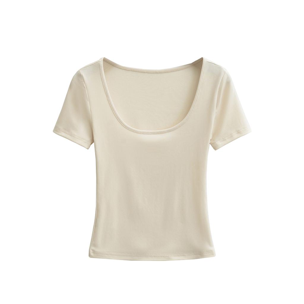 U-neck Short-sleeved T-shirt Women's Summer New American Spice Girl Style Solid Color Slim-fitting and Thin Bottoming Top