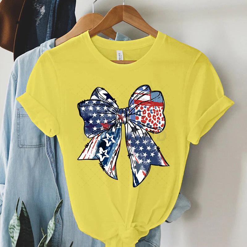 USA Flag Coquette Bow Design Woman T-shirts July 4th Crew Neck Summer Clothes Men 4th of July Coquette Bow Shirts and Blouses