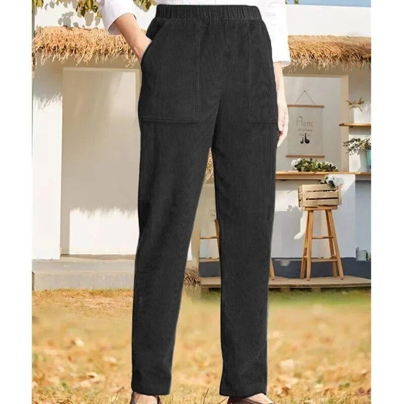 Fashion Straight Corduroy Long Pants Autumn Winter Casual Solid Color Elastic Waist Stripe Trousers Women Loose Fit Warm 30123
