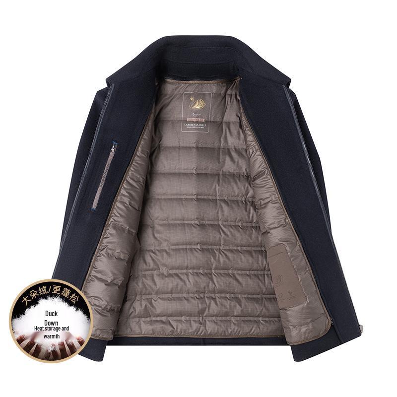 Men's Luxurious Double-Faced Wool Jacket with Lapel and Detachable Down Liner, Ideal for Business Executives.