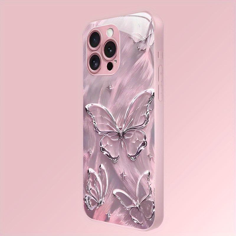 Glänzendes Schmetterlingsmuster Rosa Metallic Lack Glas Harte Handyhülle Für iPhone 17Air 17 16 15 14 13 12 11 Pro Max Plus 16E Hülle