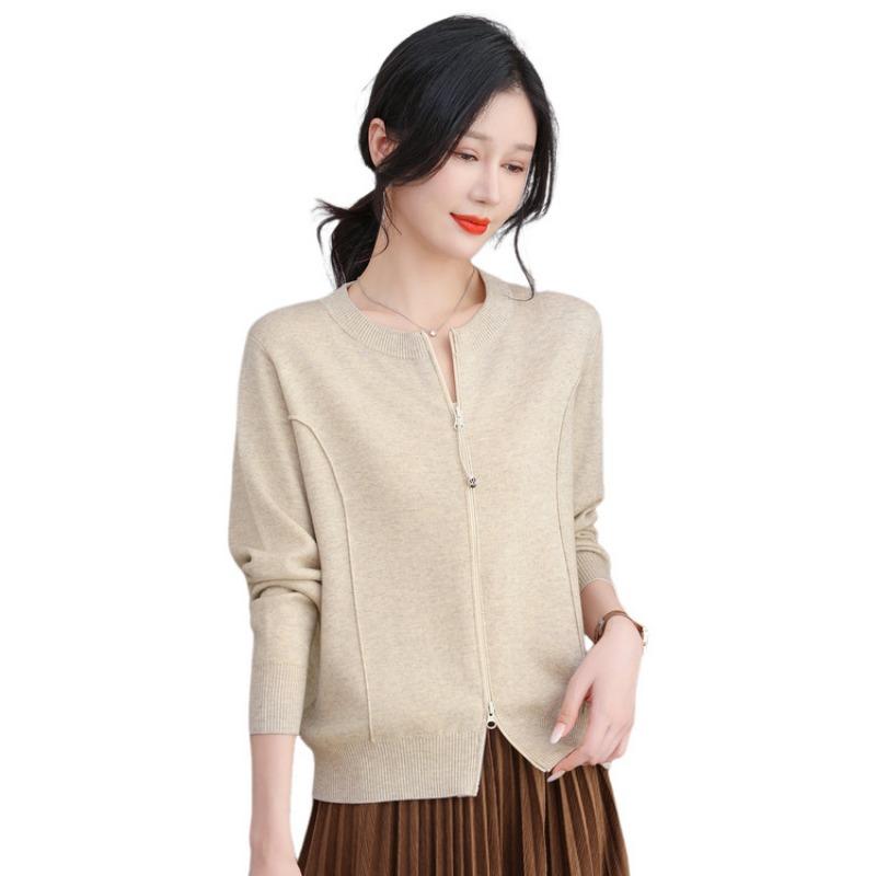 Spring new baseball jersey zipper top loose thin sweater crew neck knitted cardigan women's coat