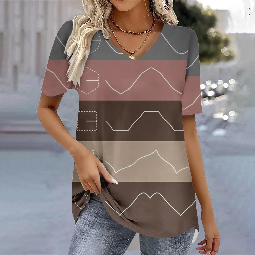 Summer V-neck Geometric & Abstract Pattern 3D Printed Top Fashionable Casual Short Sleeved Women's T-shirts