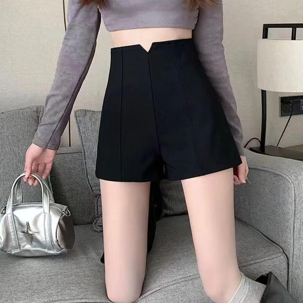 Black Women's High-Waisted A-Line Shorts - 2026 Trendy Spring/Summer Elastic Casual Wide-Leg Hot Pants