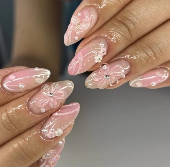 24 Pcs Pure Rose Red French Flower Short Almond Press On Nails Removable False Nails For Women Daily Wear