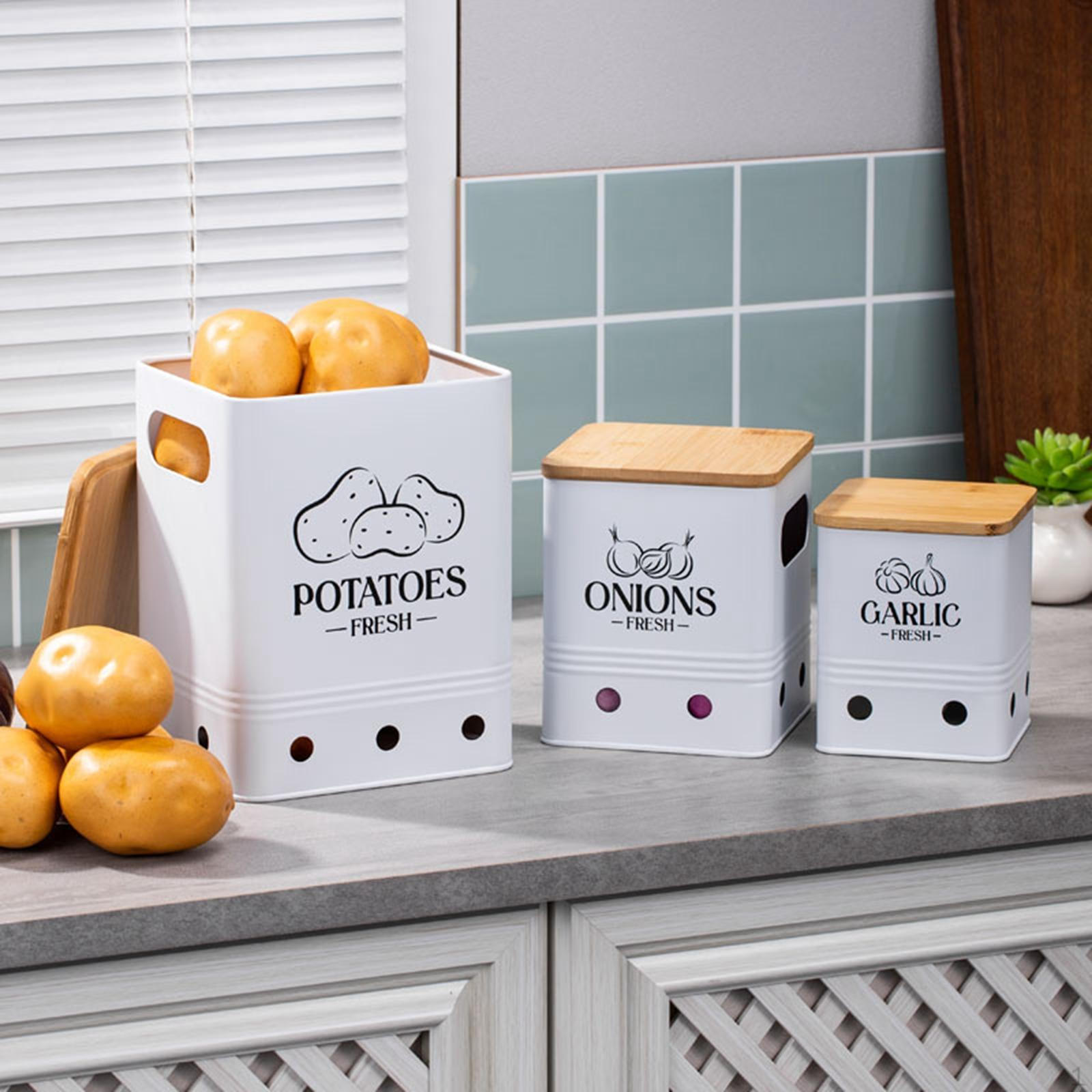 

Набор из 3 контейнеров для хранения картофеля, лука и чеснока, прочные, многоцелевые, штабелируемые, с деревянными крышками