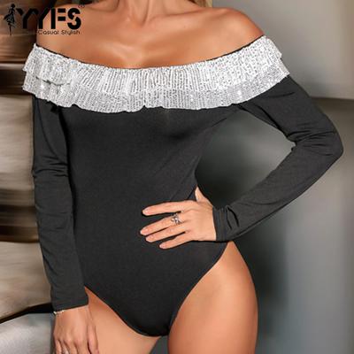 Women's Fashion Casual Solid Color Print Spring Fall Long Sleeve One Shoulder Bodysuits