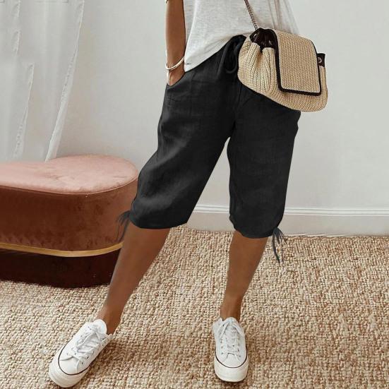 Women Shorts Elastic Mid-Waist Adjustable Drawstring Yoga Running Shorts with Pockets Solid Color Loose