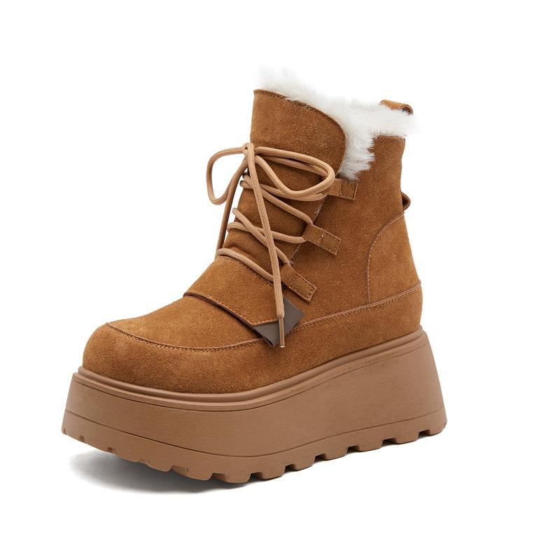 8637 Inner Heightening Thick-soled Velvet Warm Leather Snow Boots Women's 2025 Winter New Non-slip Cotton Shoes