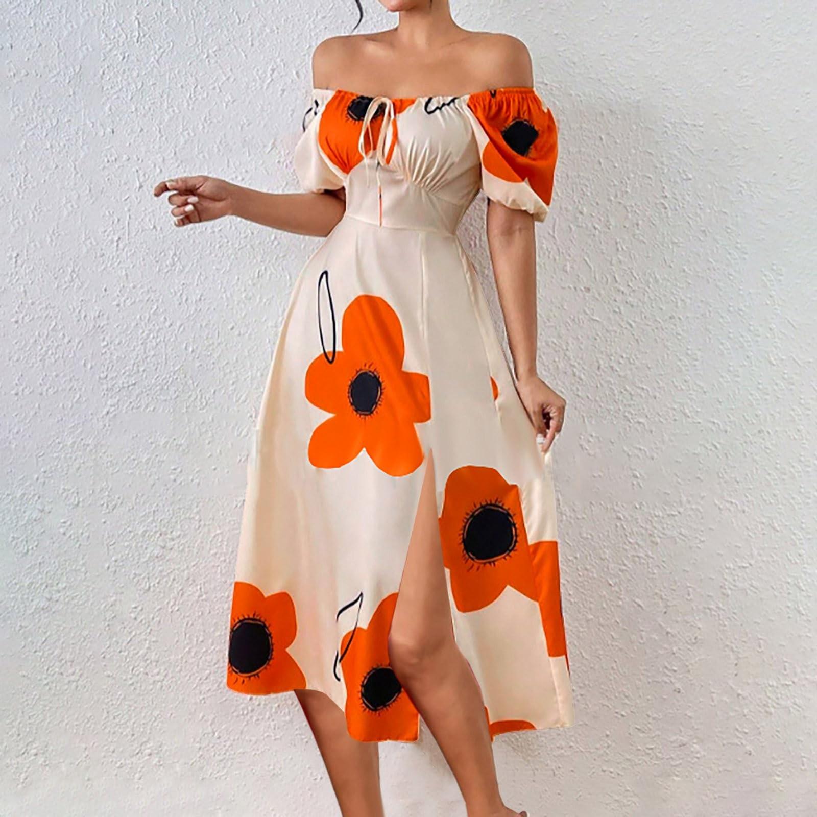 Ladies  Summer Floral Print Off Shoulder Bohemian Dress XL шафрановый