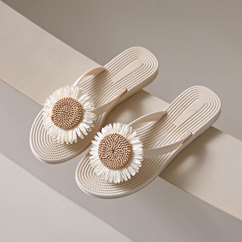 Summer sunflower imitation hemp rope grass travel wear flip-flops women's flat heels splint shoes beach slippers