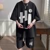 Casual Men's Summer T-Shirt Shorts Two-Piece Set Loose Fit Hong Kong Style Printed Plus Size Sportswear