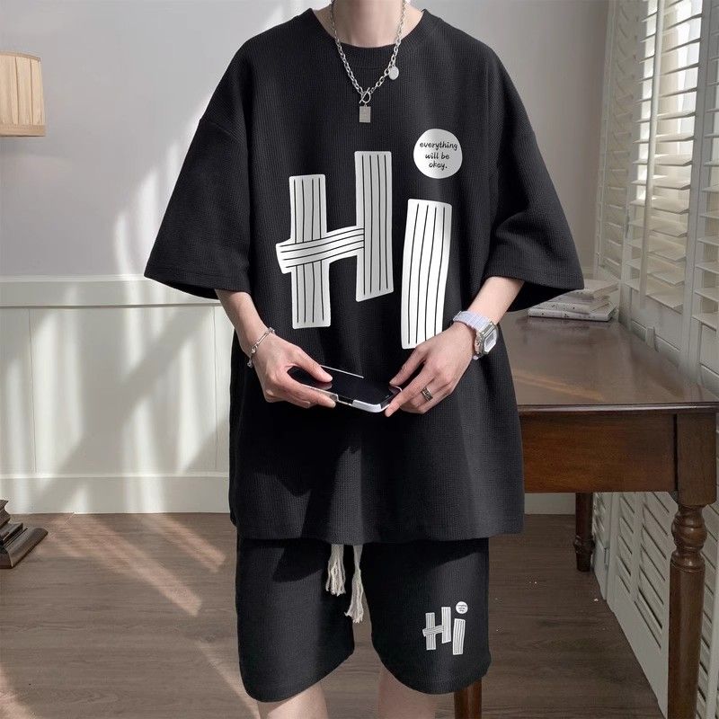 Casual Men's Summer T-Shirt Shorts Two-Piece Set Loose Fit Hong Kong Style Printed Plus Size Sportswear