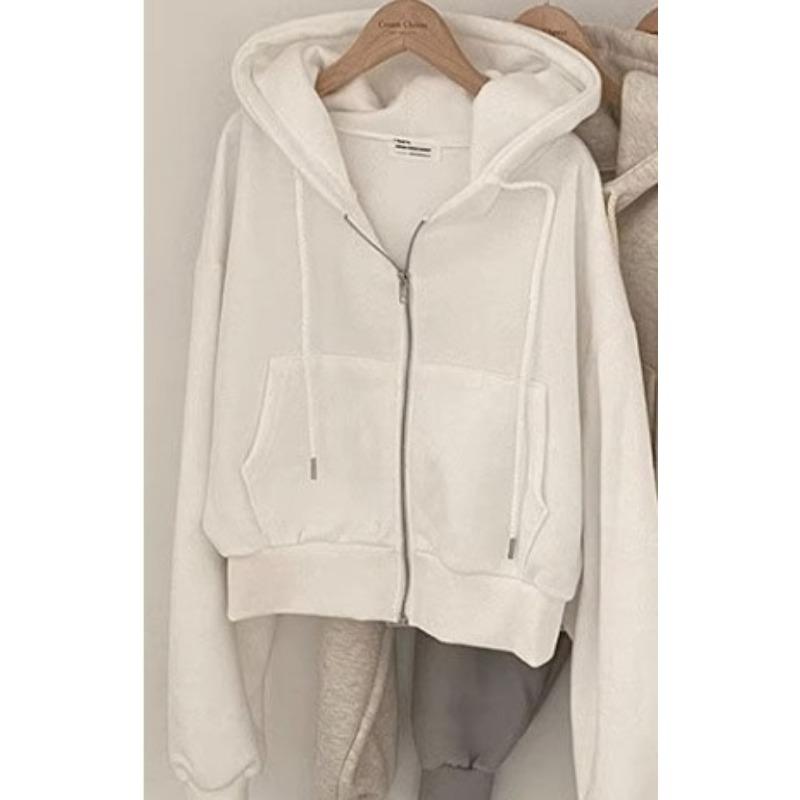 Spring Autumn New Insfleece-lined Versatile Cropped Slims Smooths Silhouette Zip-up Warm  Hooded Sweatshirt Women