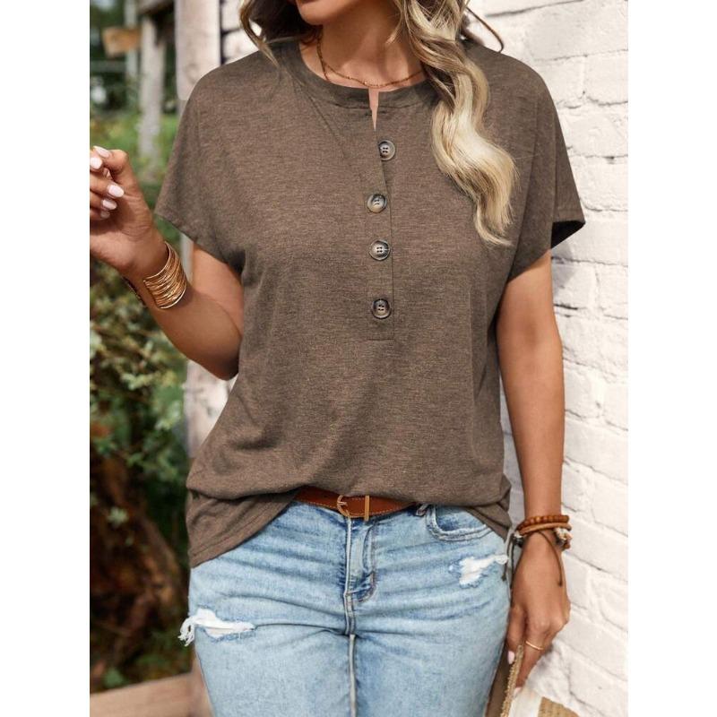 T-shirt da donna estiva a maniche corte con scollo Henley, casual, vestibilità ampia, top basic multicolore