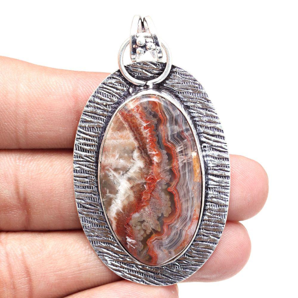 Pendant Crezy Lace Agate Gemstone Mother'Day Gift Silver Jewelry 2.5"
