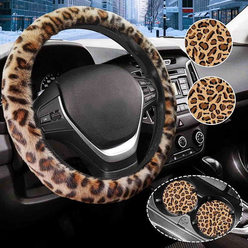Brown Leopard Print Fuzzy Steering Wheel Cover for Women, Universal Auto Steering Wheel 14-15 Inch Soft Warm Car Interior Accessories with 2PCS Car