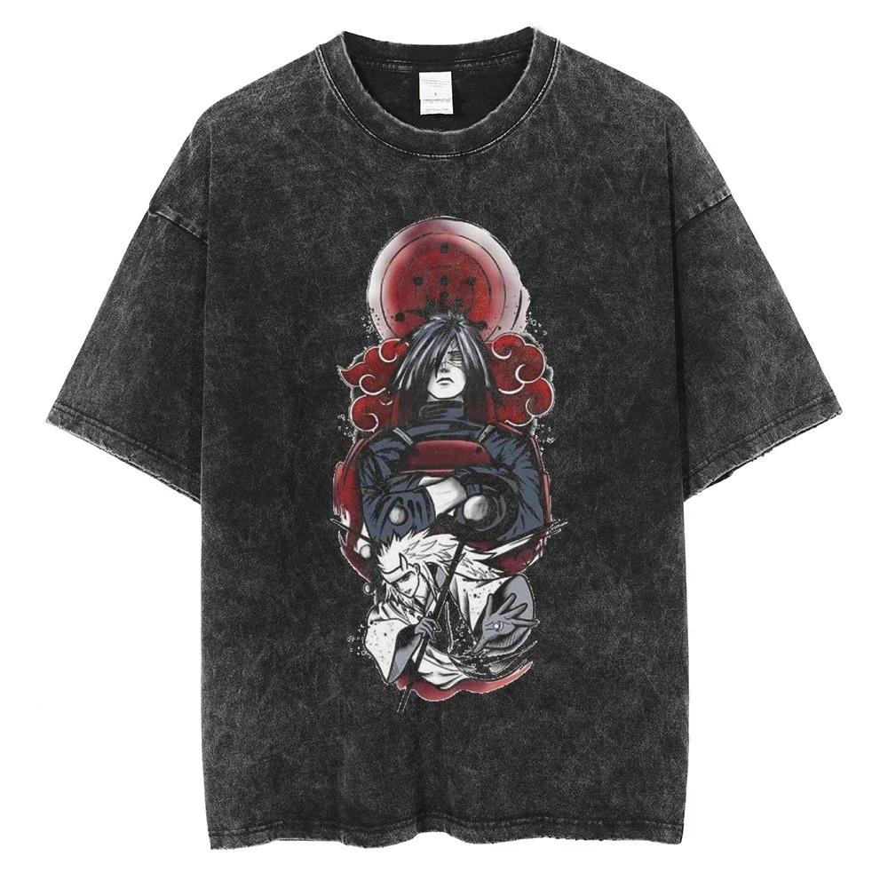 Men Short Sleeve T Shirt Naruto Anime Print Vintage T-Shirt Cotton Black Washed Oversized Tops Tees Fashion Harajuku Streetwear Clothing
