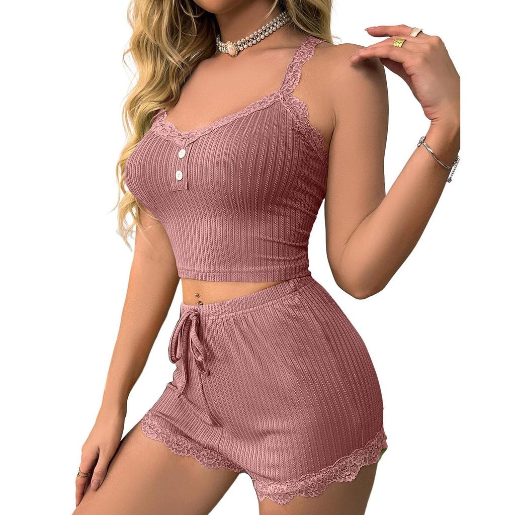 Dámský ležérní krajkový topík na ramínka a krajkové šortky pyžamový set pro domácí nošení