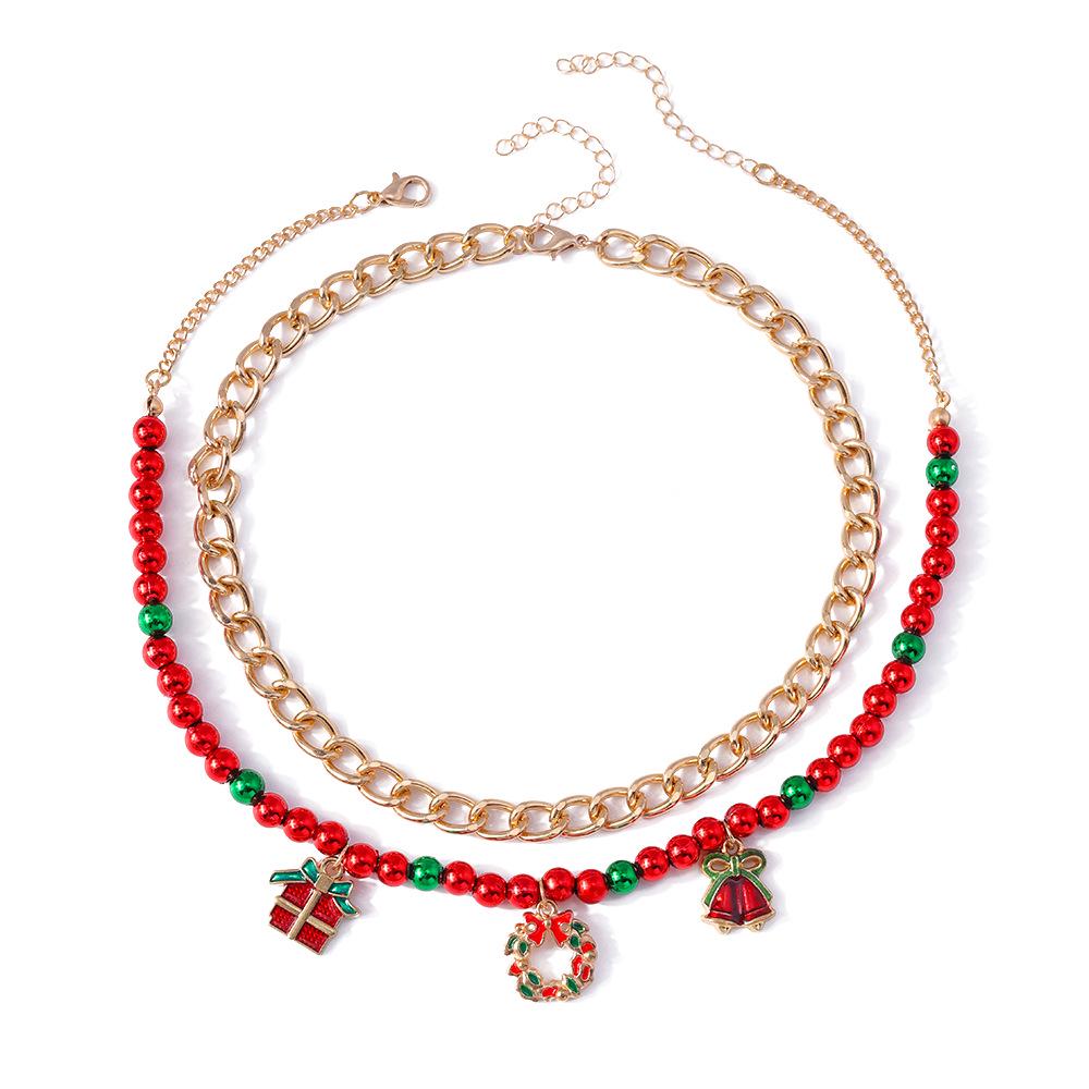 Trendy European & American Christmas Tree Polymer Clay Beaded Necklace Set with Bell Clavicle Chain
