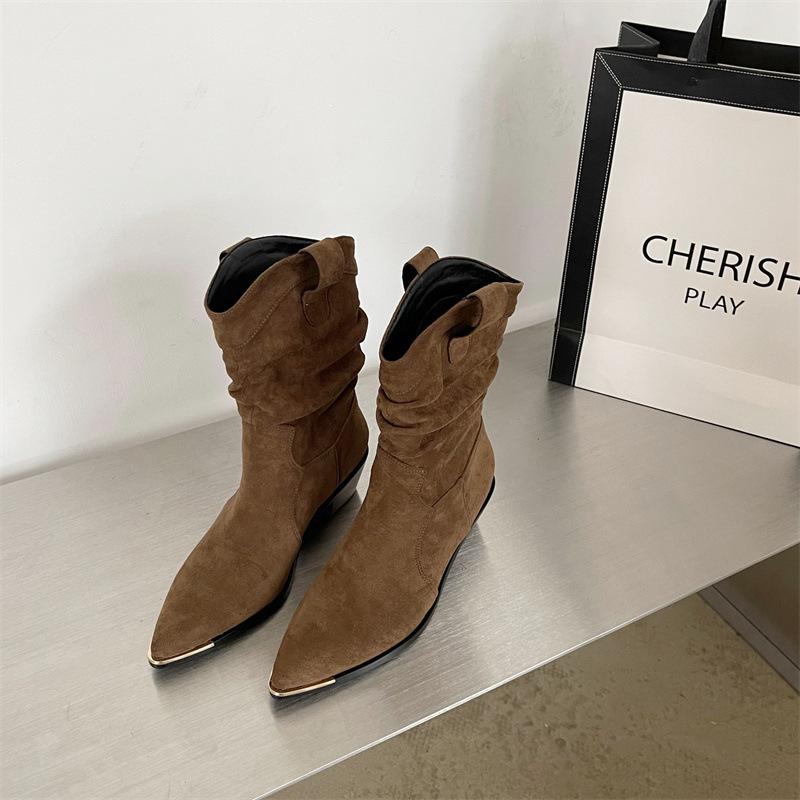 

2025 autumn and winter new cowboy boots children but knee boots thick heel pointed retro medium tube knight boots 39 коричневый