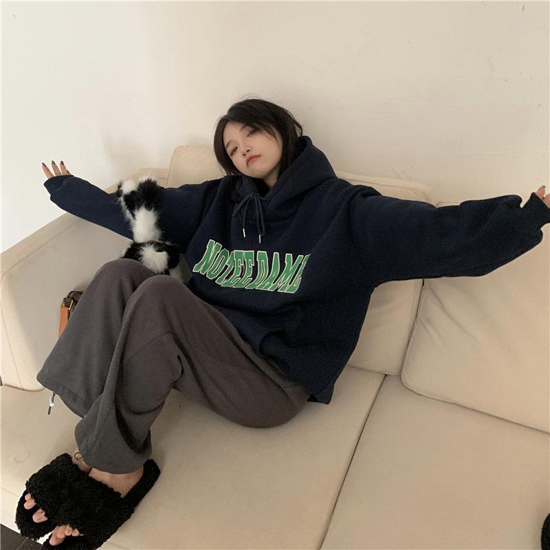 Women Warm Soft Hoodies Padded Hooded Sweater Fall and Winter Big Yards Printed Flannel Shirt Fall and Winter Retro Simple Literary Loose Tops