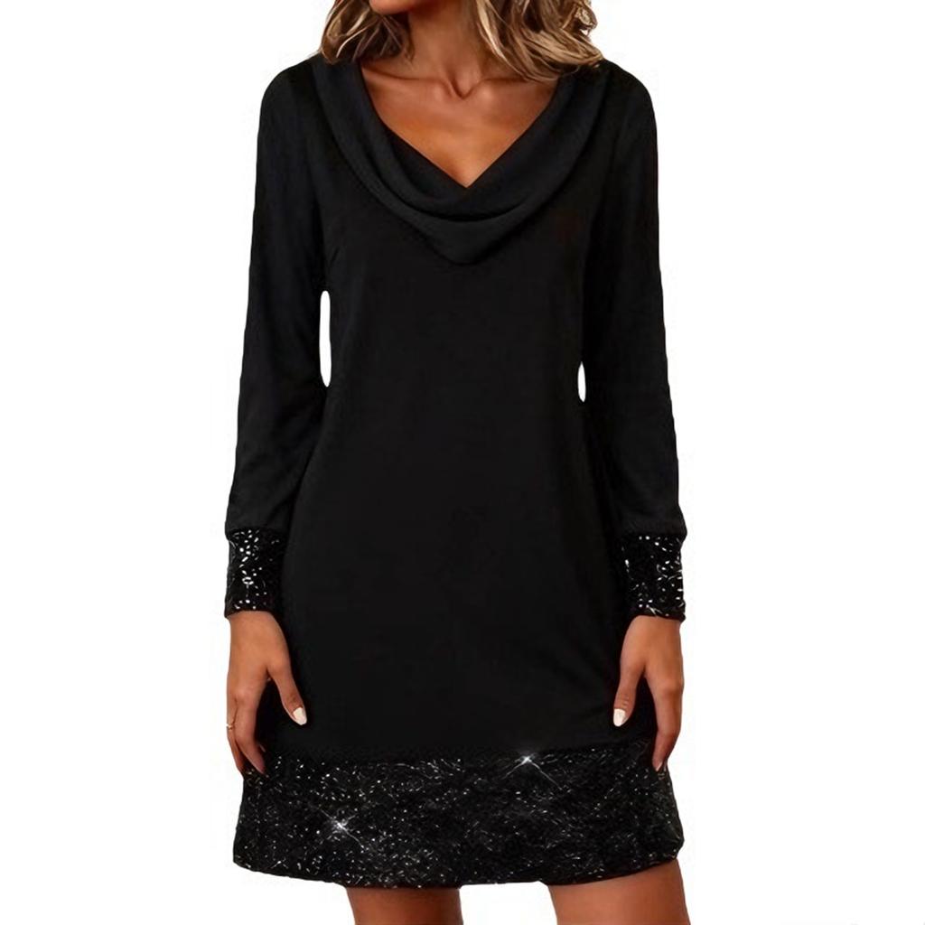 Women's Fashion Pile Collar Long Sleeve Patchwork Sequin Dress