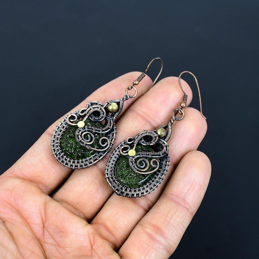 Moldavite Earrings, 999 Copper Wire Wrapped Gemstone Jewelry, Handmade  Earrings For Mother Day