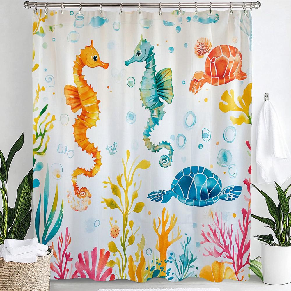 1pc Sea Turtle Print Waterproof Shower Curtain,Beach Coastal Ocean Turtle Starfish Partition Privacy Hanging Curtain with Hooks