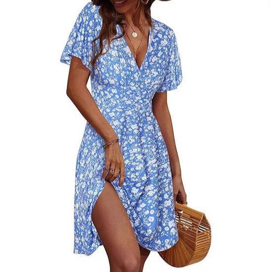 Ladies Suspender Skirt Summer Flower Short Sleeve Wrap V-Neck A Line Medium Length Dress Print