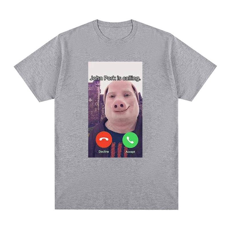 John Pork Is Calling Lustiges Antwort-Anruf-Telefon-T-Shirt Humor Schwein Meme Design Grafik-T-Shirt Niedliche Tierliebhaber übergroße T-Shirts