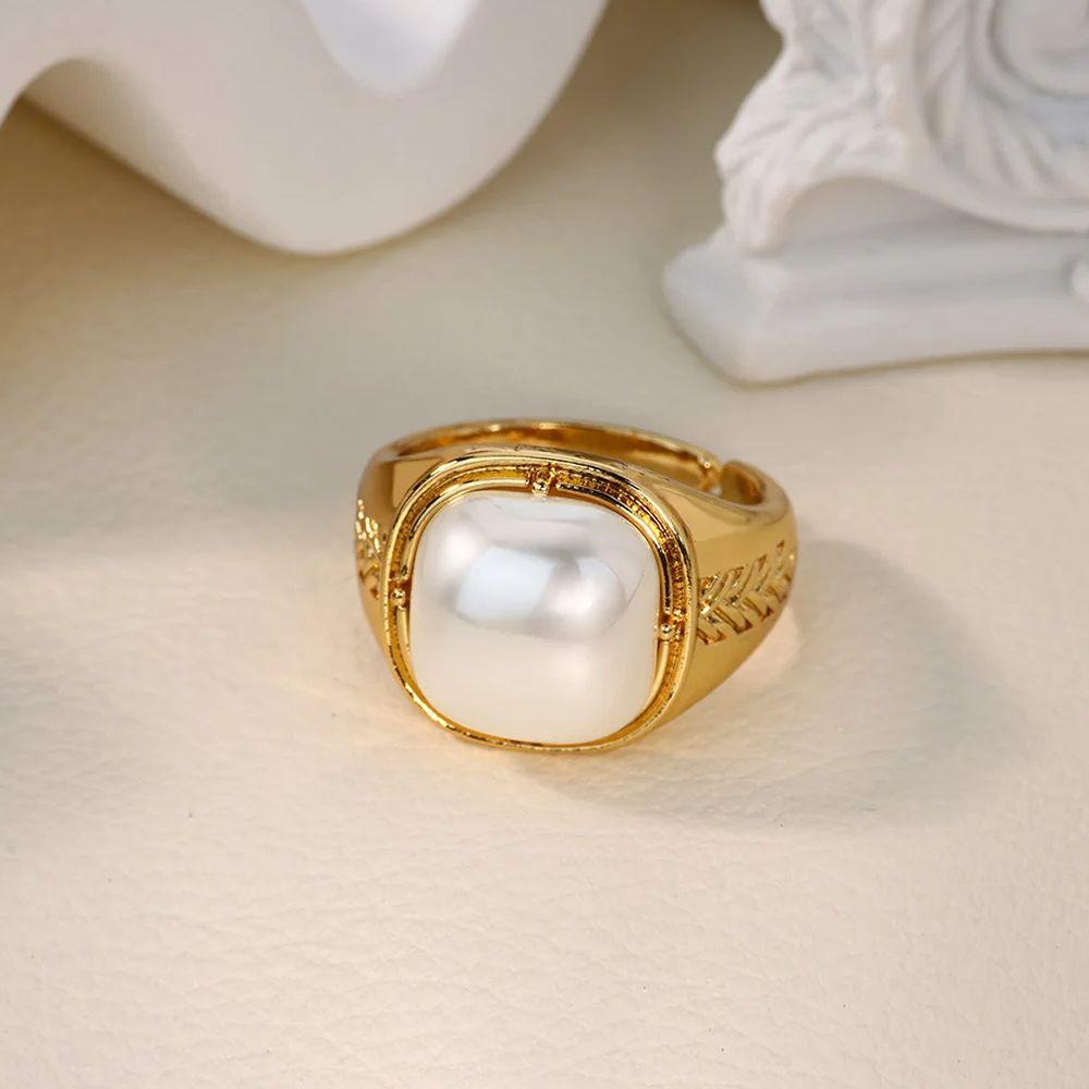 Retro Stainless Steel Imitation Pearl Ring Gold Color Anti Fading Open Rings for Women Mama Wedding Jewelry Vacation Party Gifts