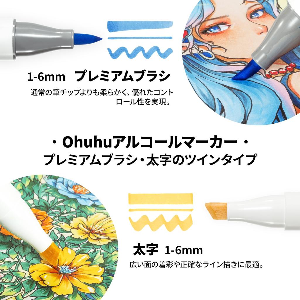 Ohuhu Premium Brush Bold Illustration 36 Basic Professional Marker Pen Includes One Blender Honolulu Plus Series & Markers, Colors, Brush-Type Set,
