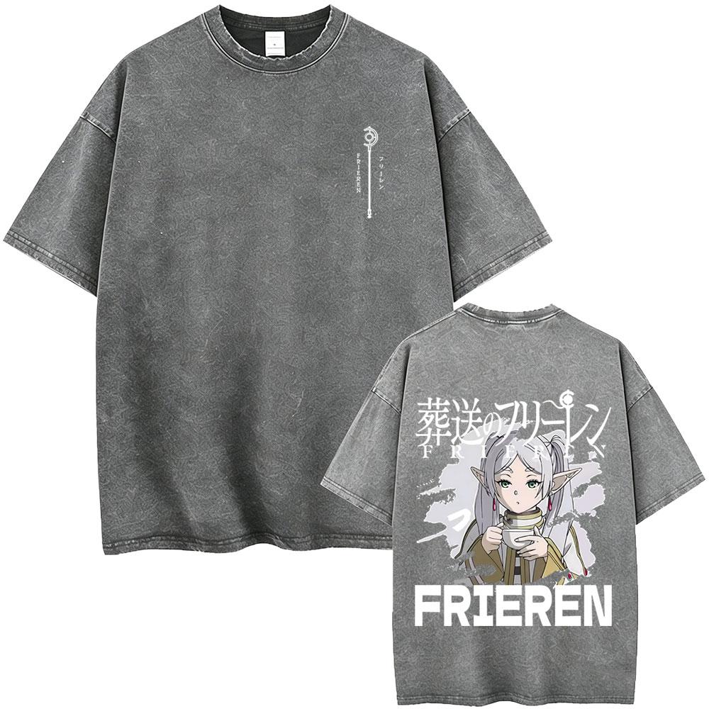 Anime Frieren Beyond Journeys End Frieren Washed Vintage Tshirt Men Women Fashion Manga Tshirts High Quality Cotton T Shirts