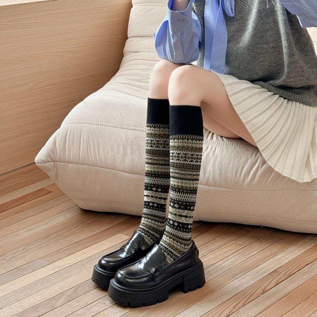 Autumn Winter Knitted Women Stockings JK Japanese Cotton Solid Color Girls Long Socks Stockings Ethnic Harajuku Retro Knee Socks