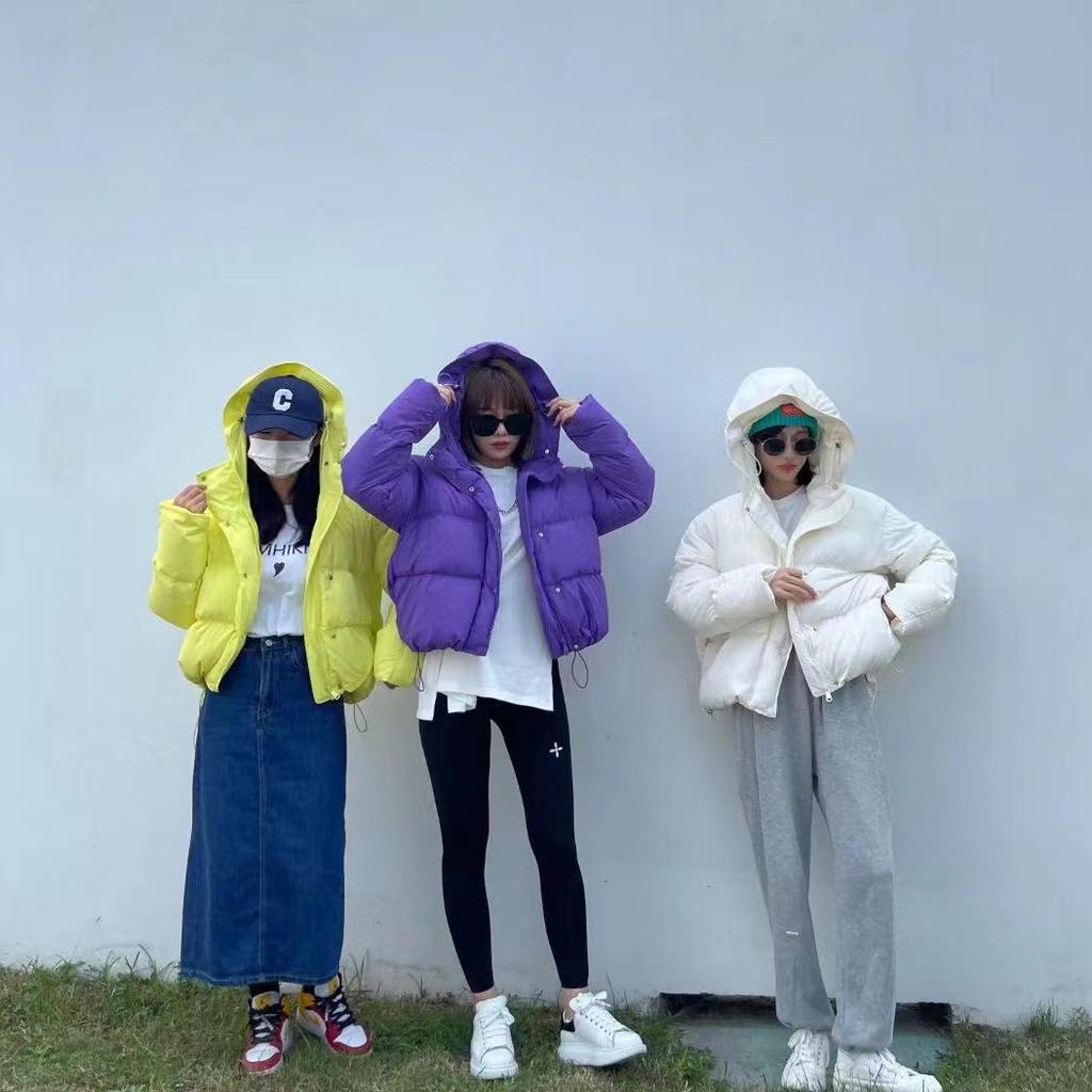 Women's Short Light Down Jacket Autumn Winter Hooded Single Breasted Loose White Duck Down Coat Pocket Stand Collar Solid Color
