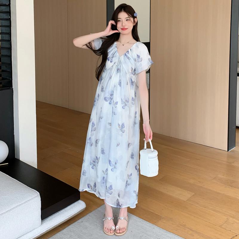 Elegant Floral Chiffon V-Neck Plus Size Maternity Dress XL