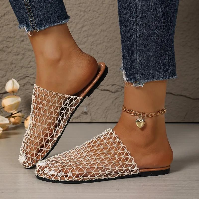 Women Sandals Round Headed Fish Mesh Hollow Ballet Shoes for Summer New Fashionable Flat Bottomed Slides Women Slippers